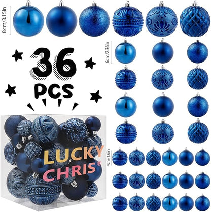 Christmas Ball Ornaments Navy Blue Christmas Tree Decorations with Hang Rope-36pcs Shatterproof Christmas Ornaments Set with 6 Styles in 3 Sizes(Small Medium Large)