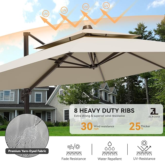 9x12FT Cantilever Patio Umbrella - Heavy Duty Double Layer Offset Design with 360° Rotation, Large Rectangle Sun Shade Umbrella for Garden, Deck, Pool, Backyard, Beige