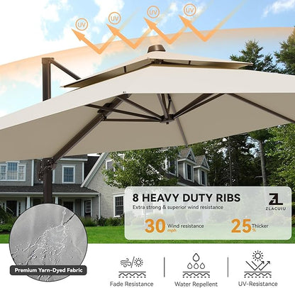 9x12FT Cantilever Patio Umbrella - Heavy Duty Double Layer Offset Design with 360° Rotation, Large Rectangle Sun Shade Umbrella for Garden, Deck, Pool, Backyard, Beige