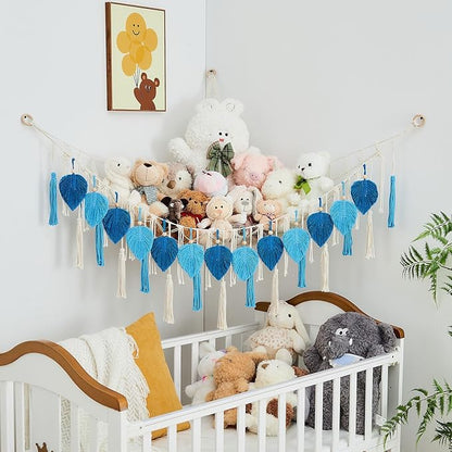 Pretty Jolly Stuffed Animal Storage with Hand Woven Leaf Tassels Hammock Corner Hanging Net Boho Macrame Storage for Kid Room Nursery Decor Wall Display for Girls Gift(Dark Blue&Lake Blue)
