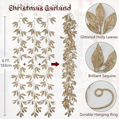 3 Pcs 6FT Christmas Garland Champagne Gold Glittered Artificial Magnolia Leaves for Mantle Christmas Tree Decorations Indoor Outdoor Hanging Garland Ornaments Garden Door Wall Window Stair Home Decor