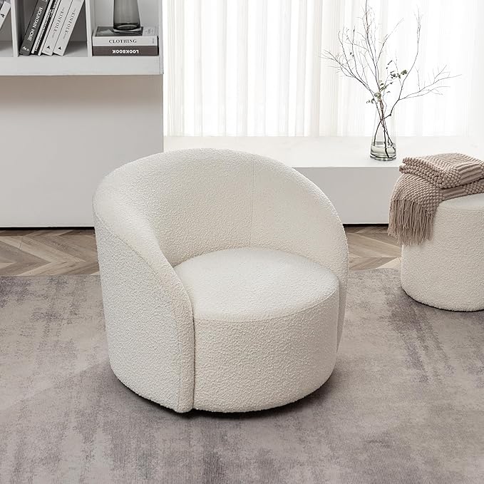 KINWELL 34" W Mid Century Modern Swivel Barrel Chair, Round Upholstered Boucle Swivel Accent Chairs, No Assembly Chair for Living Room Bedroom Reading Apartment Lounge Nursery(Cream)
