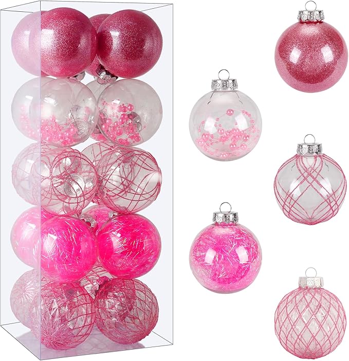BSTDECOR Christmas Ball Ornaments Set, 20ct Large Clear Pink Shatterproof 80mm/3.15" Hanging Decorative Baubles for Christmas Tree Decoration