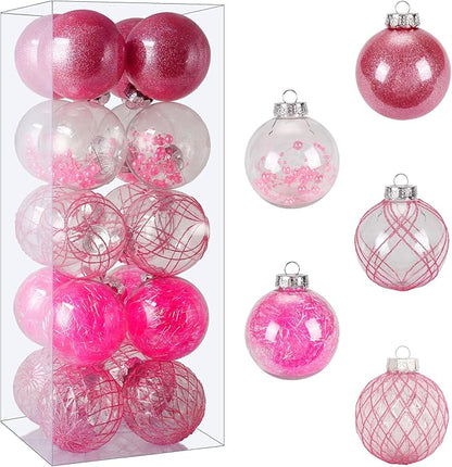 BSTDECOR Christmas Ball Ornaments Set, 20ct Large Clear Pink Shatterproof 80mm/3.15" Hanging Decorative Baubles for Christmas Tree Decoration