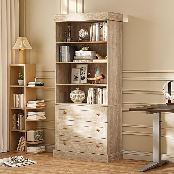 Vyre 71" Tall Farmhouse Bookshelves with Drawers, Large Modular Bookcase with Adjustable Shelves, Storage Cabinet for Living Room， Home Office, Kitchen, Brown