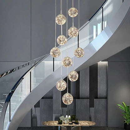 10-Light LED Staircase Chandelier Crystal Ceiling Lights Large Chandeliers for High Ceilings, Entryway Modern Lighting Fixture Villas and Stairs, Adjustable Length 16" W x79 H，50W -Grey