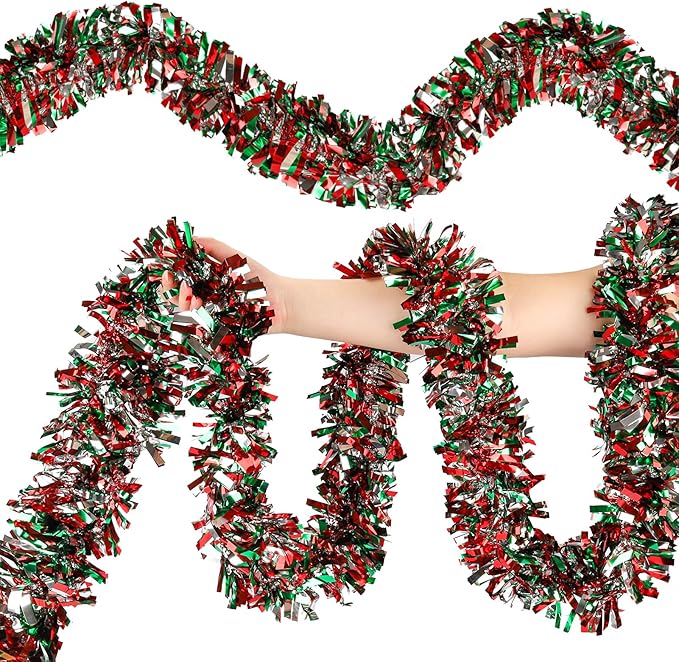 50FT Christmas Tinsel Garland, Red Green&Silver Metallic Twist Shiny Hanging Garland Ornaments for Christmas Tree, Party Supplies Thick Metallic Xmas Streamers