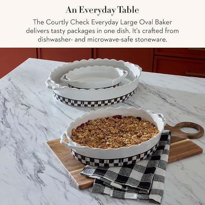 MACKENZIE-CHILDS Everyday Oval Casserole Baker, Cute Oven Baker, Large, Black-and-White Courtly Check