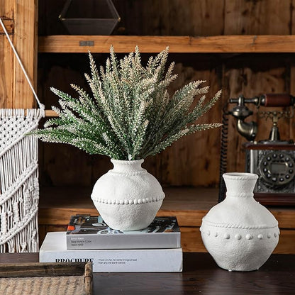 Rustic Ceramic Vase with Boho Wooden Beads, Matte Decorative Pottery for Modern Farmhouse and Bohemian Decor, Floral Arrangements, Bedroom, Shelf, or Side Table Accents