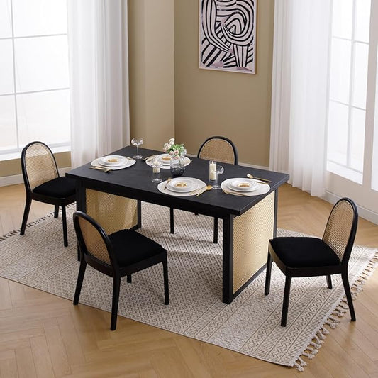 Mid Century Dining Chairs Set of 4, Rattan Sherpa Fabric Side Chairs Kitchen Chair with Solid Wooden Legs for Living Room Dining Room, Black