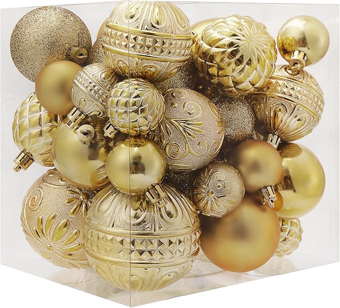 Christmas Ball Ornaments Gold Christmas Tree Decorations with Hang Rope-36pcs Shatterproof Christmas Ornaments Set with 6 Styles in 3 Sizes (Small Medium Large)