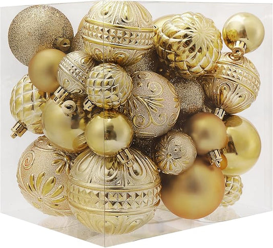 Christmas Ball Ornaments Gold Christmas Tree Decorations with Hang Rope-36pcs Shatterproof Christmas Ornaments Set with 6 Styles in 3 Sizes (Small Medium Large)
