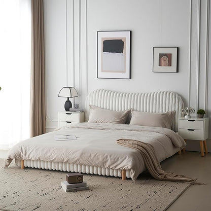 Queen Size Bed Frame, Upholstered Cloud Boucle Platform Beds Frames with Headboard, Anti-Collision Soft Rounded Corners Footboard, No Box Spring Required, Easy Assembly (37” White, Queen)