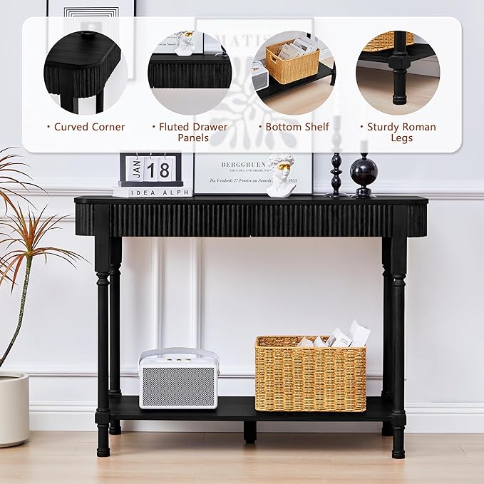 43.3'' Fluted Console Table for Entryway, Narrow Entryway Tables with 2 Wooden Drawers, Retro Sofa Table Behind Couch Accent Tables for Foyer, Living Room, Hallway (Black)