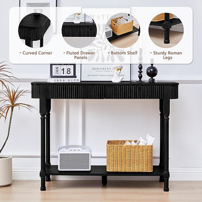 43.3'' Fluted Console Table for Entryway, Narrow Entryway Tables with 2 Wooden Drawers, Retro Sofa Table Behind Couch Accent Tables for Foyer, Living Room, Hallway (Black)