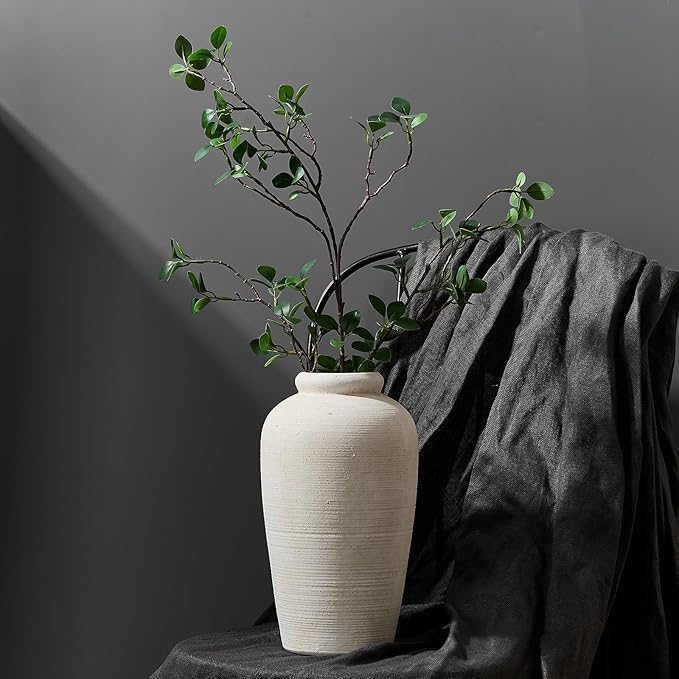Large Ceramic Rustic Vase, 11 inch Minimalist Decorative Farmhouse Tall Vase for Home Decor, Living Room, Shelf Decor, Enterway, Wedding, Table Decoration, White