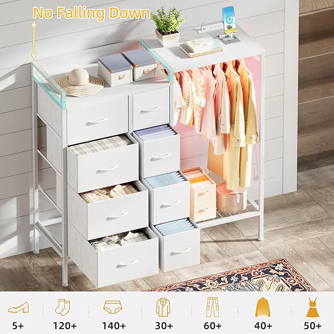 Hanging Rack 8 Drawer Dresser Charging Station & LED Lights, White Kids Chest of Fabric Drawers, White