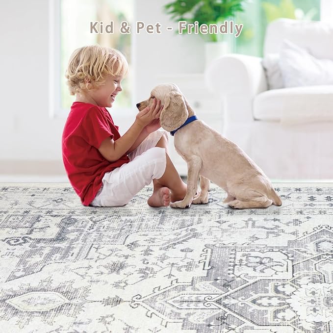 Area Rug 8x10 Washable Area Rugs for Living Room,Bedroom, Dining Room- Ultra Soft Non-Shedding Faux Wool Retro Rugs,Large Vintage Carpets with Non Slip Rubber Backing for Farmhouse Home Office