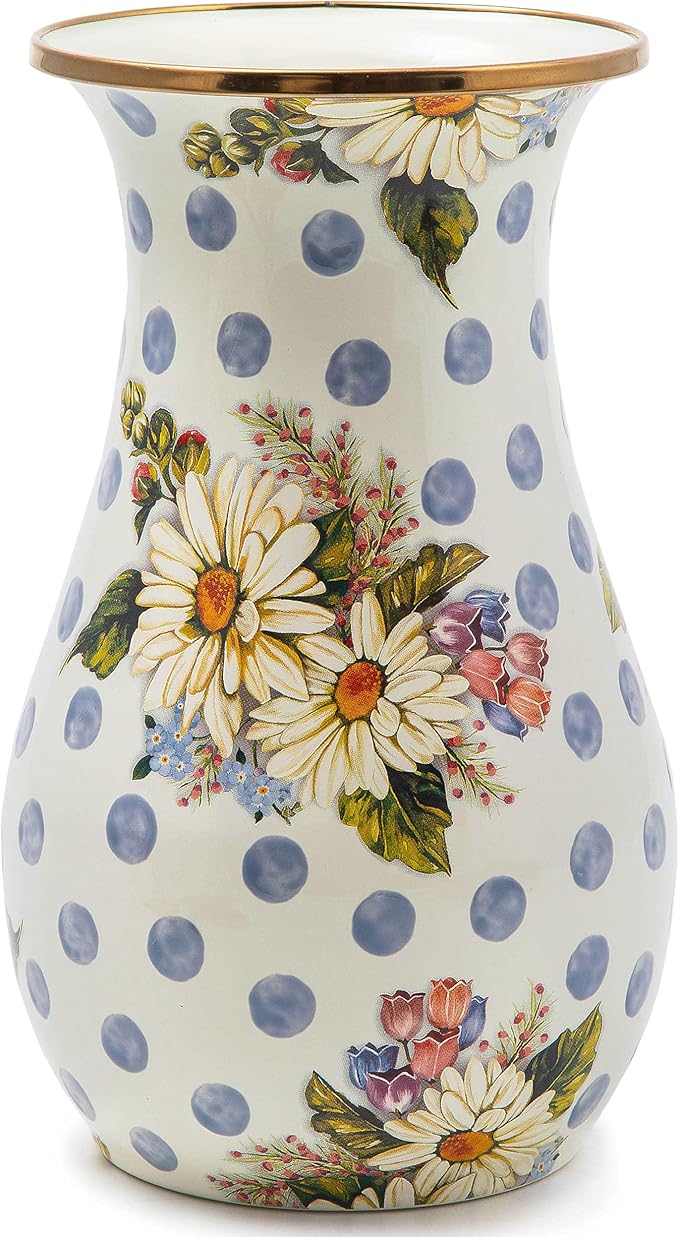 MACKENZIE-CHILDS Tall Enamel Vase, Unique Flower Vase-Decor for Living Room, Blue Wildflowers