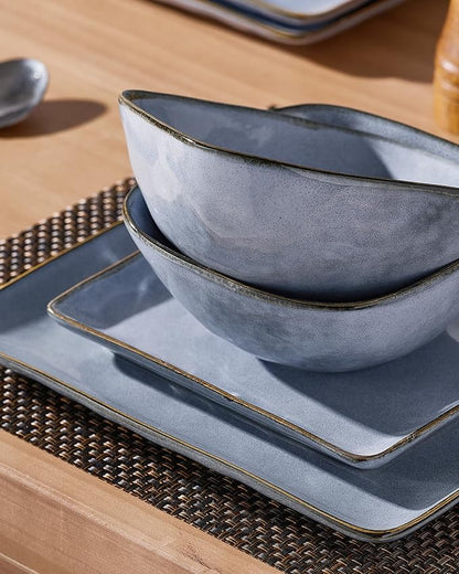 Famiware Dinnerware Sets for 4, Ocean Square 12-Piece Kitchen Plates and Bowls Sets, Reactive Glaze, Microwave and Dishwasher Safe, Scratch Resistant, Blue