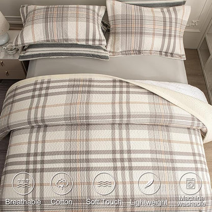 Cotton Plaid Quilt Set King 3 Piece Lightweight Reversible Bedding, Grid Grey White