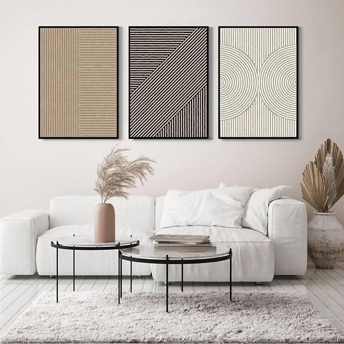 Boho Modern Wall Art Pictures Neutral Abstract Canvas Wall Decor Minimalist Line Wall Art Beige Brown Black Poster Mid Century Painting Artwork for Living Room Bedroom 12x16 Inch Framed Set of 3