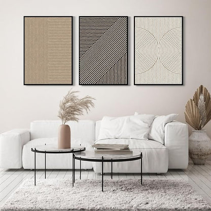 Boho Modern Wall Art Pictures Neutral Abstract Canvas Wall Decor Minimalist Line Wall Art Beige Brown Black Poster Mid Century Painting Artwork for Living Room Bedroom 12x16 Inch Framed Set of 3