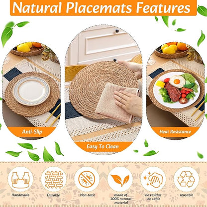 6 Sets Boho Placemats Round Woven Placemats, Cloth Napkins, Wood Bead Napkin Rings, Long Table Runner and Farmhouse Rustic Natural Burlap Cotton for Kitchen Table Home (Blue)