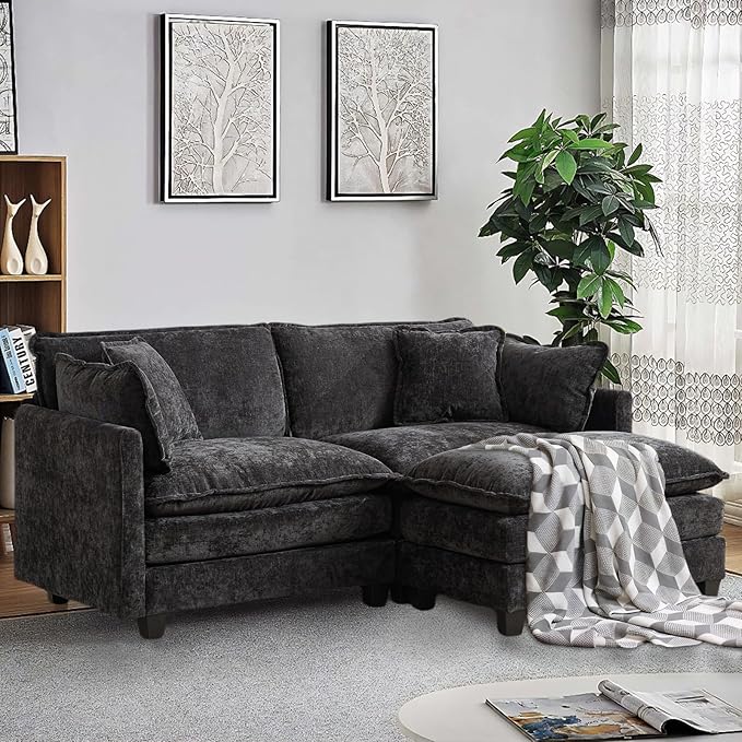 SoarFlash Chenille 71.6" Sectional Sofa, Comfy L Shaped Modular Coush Sofa with Ottoman, Modern 2 Seat Couch Deep Seat Sofa Set for Living Room,Black
