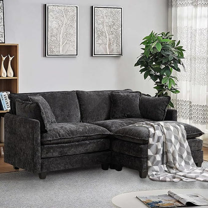 SoarFlash Chenille 71.6" Sectional Sofa, Comfy L Shaped Modular Coush Sofa with Ottoman, Modern 2 Seat Couch Deep Seat Sofa Set for Living Room,Black