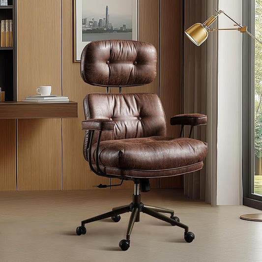 Mid Century Modren Large Office Chair, Big and Tall Ergonomic Executive Chair for Heavy Duty People, Desk Task Chair with Wheels, Faux Lether Fabric Wide Chair for Home Sturdy,Dark Brown
