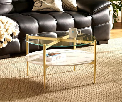AGV LIGHTING Round Glass Coffee Table, Mid-Century Modern Coffee Table for Living Room, Glod Finish Leg, Tempered Glass Top with White Marble MDF Shelf