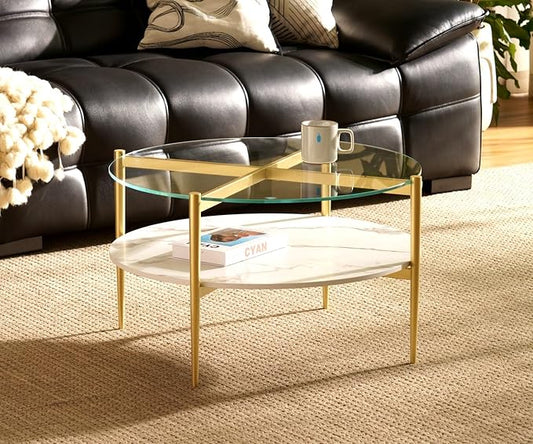 AGV LIGHTING Round Glass Coffee Table, Mid-Century Modern Coffee Table for Living Room, Glod Finish Leg, Tempered Glass Top with White Marble MDF Shelf