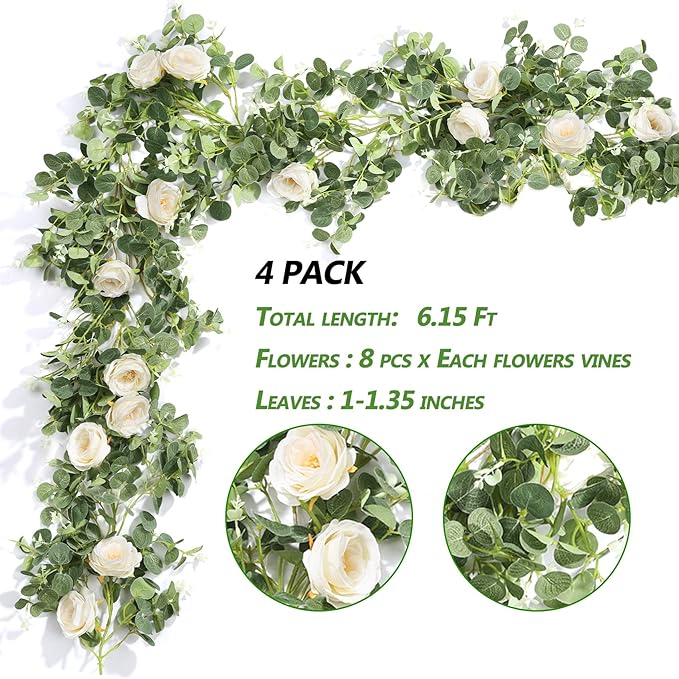 Der Rose 4 Pcs 13Ft Artificial Eucalyptus Flower Garland with Fake Silk Rose Flower Vine Seeded Eucalyptus Leaves Greenery Garland for Wedding Arch Table Wall Backdrop Party Room Decor (Champagne)