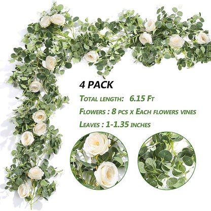 Der Rose 4 Pcs 13Ft Artificial Eucalyptus Flower Garland with Fake Silk Rose Flower Vine Seeded Eucalyptus Leaves Greenery Garland for Wedding Arch Table Wall Backdrop Party Room Decor (Champagne)