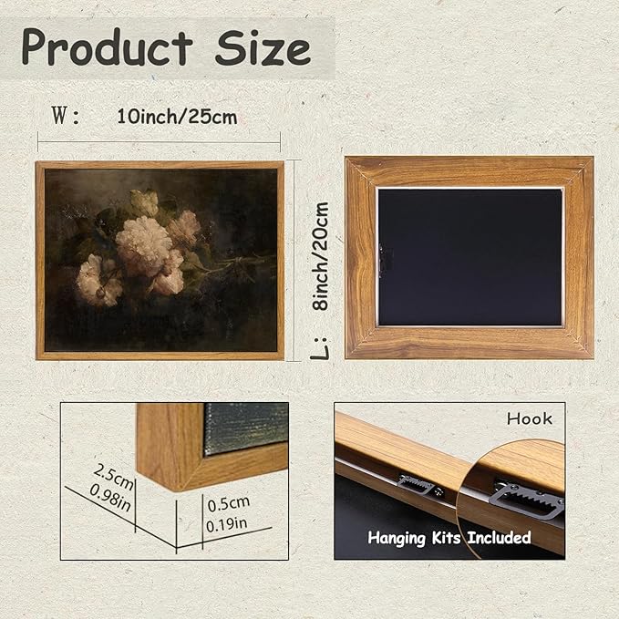 KBKBART Framed Canvas Wall Art Vintage Decor, Dark Vintage Still Life Flower Canvas Oil Painting, Classical Moody Peony Bouquet Prints for Wall Decor, Antique Floral Art Painting Victorian Decor Artwork for Bedroom Living Room Bathroom Gallery(8"x10")