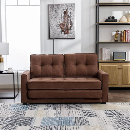Modern Upholstered Futon Loveseat Convertible Sleeper Sofa Bed 3 in 1 Sofabed Lounge Chaise Daybed, Brown