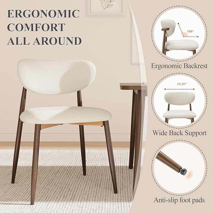 Dining Chairs Set of 2, Upholstered Dining Room Chairs with Metal Legs and Anti Slip Pads, Curved Back Wood Kitchen Chair for Home and Restaurant Use, Beige