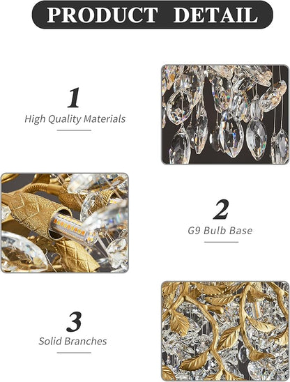 Modern Crystal Chandelier for Dining Room, 31.5" 10-Light Gold Tree Branch Chandeliers, Luxury K9 Crystal Rectangular Chandeliers for Kitchen Island Living Room