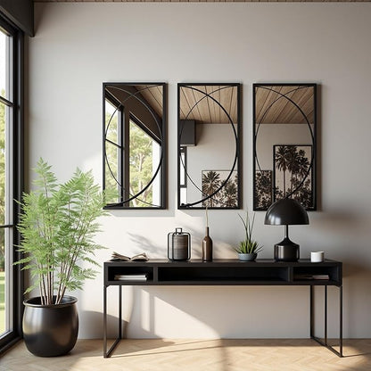 LuxenHome 3 Pieces Black Metal Rectangular Wall Mirror Set Large Vanity Mirror for Bedroom, Black Accent Metal Entryway Wall Mirror, Wall Mounted Mirror Living Room Wall Decor