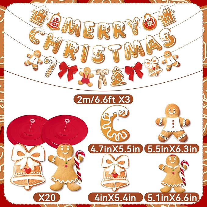 Merry Christmas Banners, Gingerbread Theme, Pre-Strung Holiday Party Décor with 20 Hanging Swirls for Home, Office, and School Celebrations