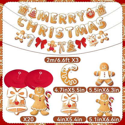Merry Christmas Banners, Gingerbread Theme, Pre-Strung Holiday Party Décor with 20 Hanging Swirls for Home, Office, and School Celebrations