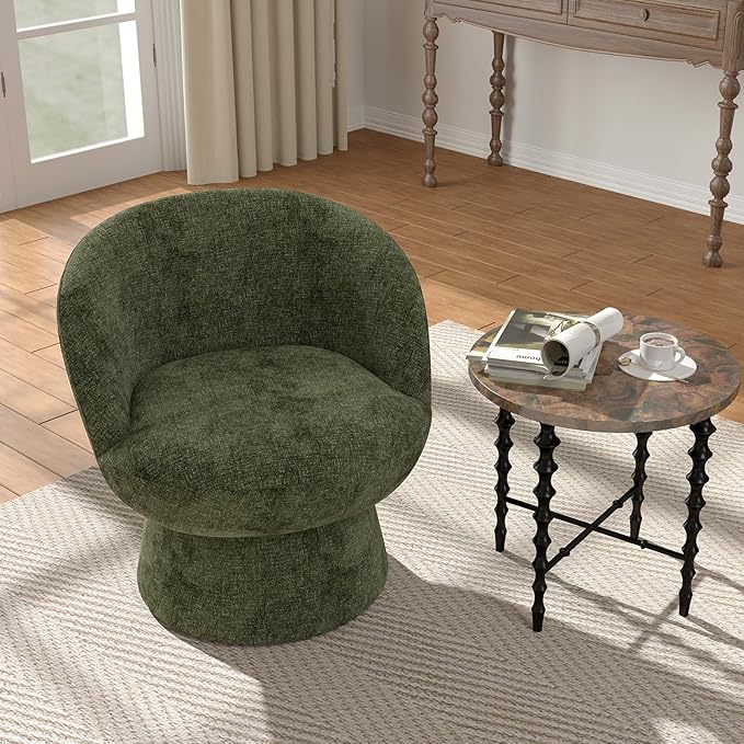 360° Swivel Accent Chairs Set of 2, Modern Green Chenille Upholstered Round Barrel Chair with Curved Back, Bucket Vanity Armchair for Small Space,Living Room, Bedroom
