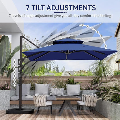10' X 10' Cantilever Patio Umbrella Outdoor with Base Included Heavy Duty Double Top Windproof Square Offset Umbrellas with 360-degree Rotation for Pool Deck Backyard, Navy