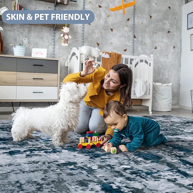 Runner Rug for Hallways Kitchen 2'6"x8' Washable Non Slip: Carpet Non Skid 8ft Entryway Rubber Backed 8 Feet Neutral Abstract Modern Rug Low Pile Pet Friendly Indoor Navy Grey