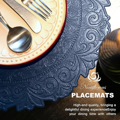 Noctiflorous Round Faux Leather 15 Inch Placemats Set of 4 Waterproof Wipeable Heat Resistant Tablemat for Dining Table Kitchen Non Slip Oilproof Table Place Mat for Indoor Outdoor(A Blue, 4)