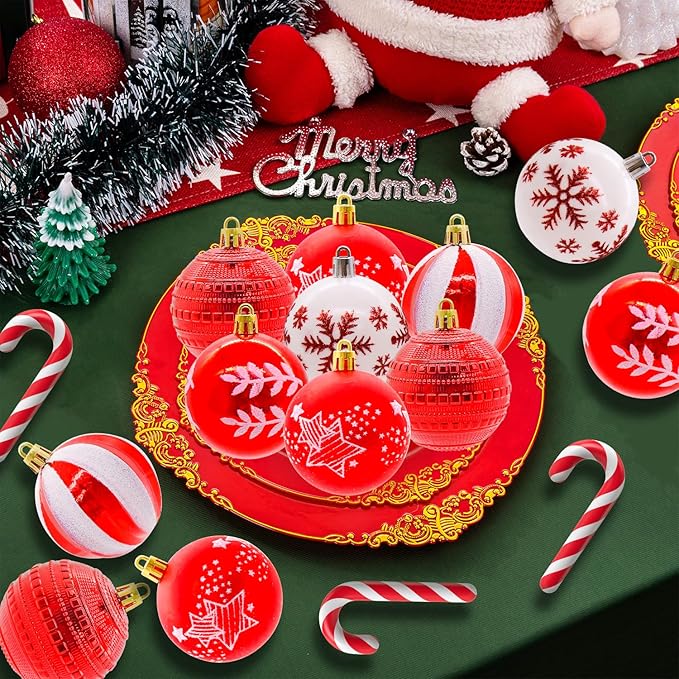 40PCS 2.36" Christmas Balls Ornaments, Plastic Christmas Tree Ornaments, Holiday Baubles, Hanging Decorations for Xmas Trees Holiday Party, Red White Baubles
