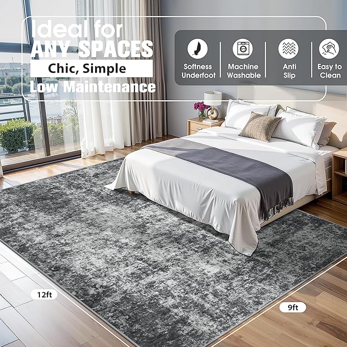 9x12 Area Rugs for Living Room Rug Washable: Abstract Large Rug for Dining Room Bedroom Carpet Non Slip 9 by 12 Indoor Modern Nursery Home Office Black Grey
