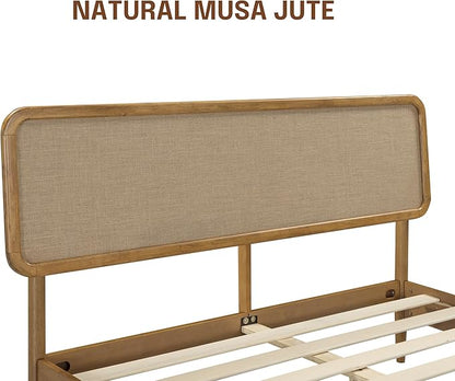 NTC Lupin Wooden Bed Frame with Headboard, Solid Oak and Rubber Wood Foundation with Silent Slats and Wood Central Supports, 1000 Lb Capacity, Queen - Teak Look