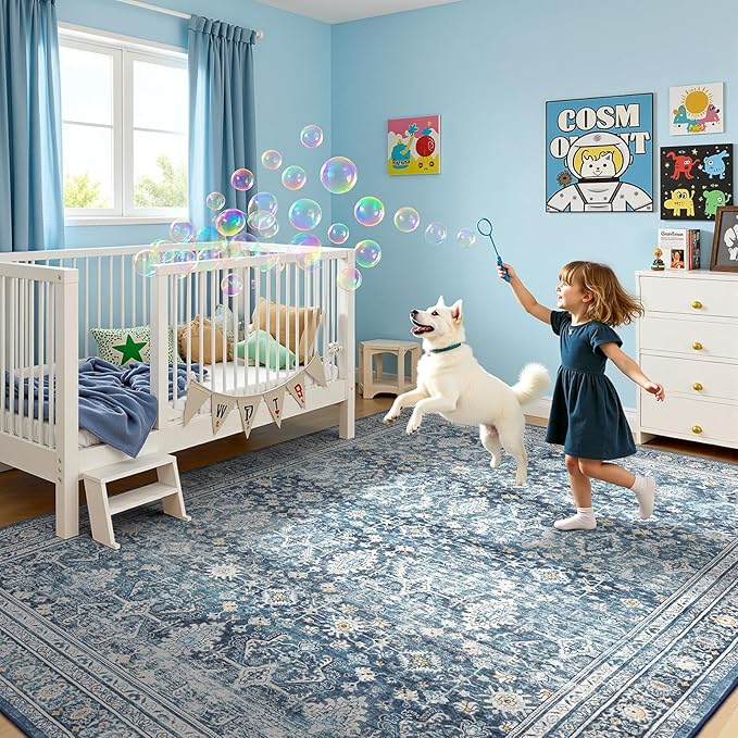 Lofus 5x7 Area Rug for Living Room,Blue Washable Area Rugs with Non-Slip Backing,Soft Boho Carpets for Bedroom Dining Room Home Office Indoor Nursery